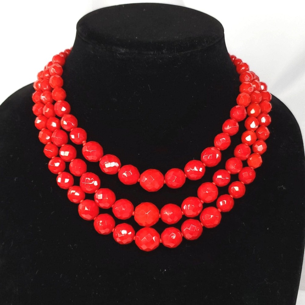 Vintage Multi-Strand Red Glass Beaded‎ Necklace Faceted With Gold Clasp